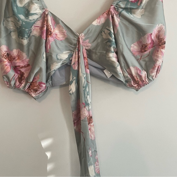 EXPRESS NWT Floral Satin Bow Back Crop Top - Sage Green Pink Size 2 - Picture 9 of 13